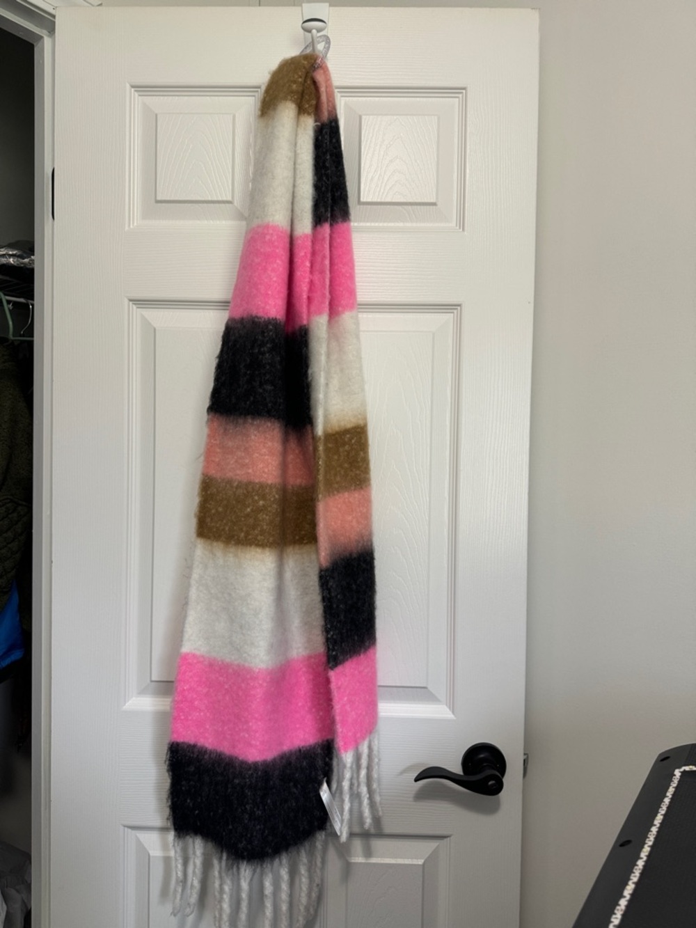Striped Fringe Scarf in Pink, Black, White, Brown